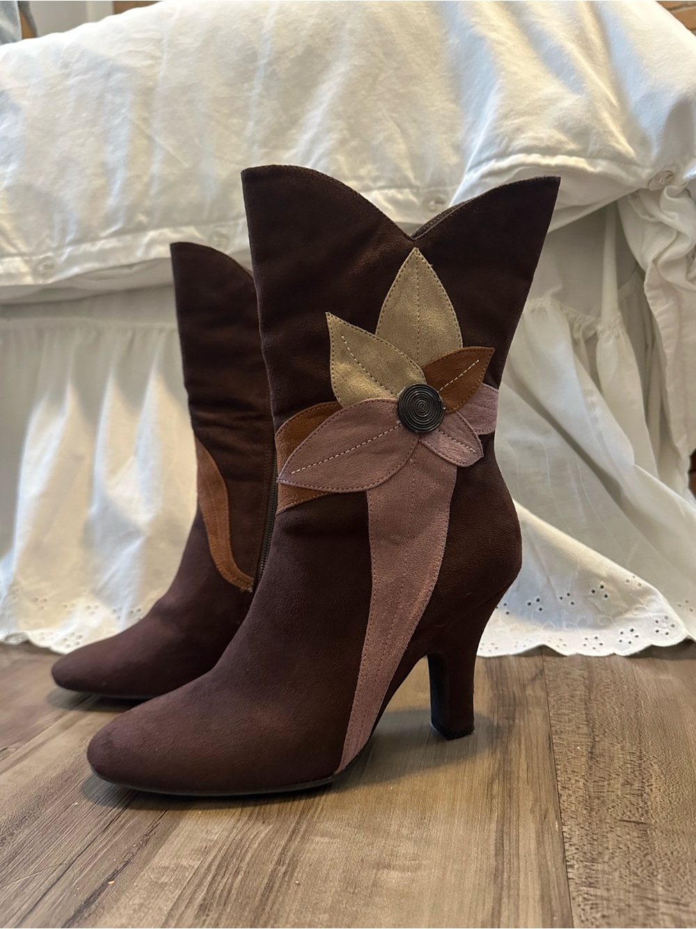 Predictions Brown Floral Suede Mid-Calf Heeled Boots